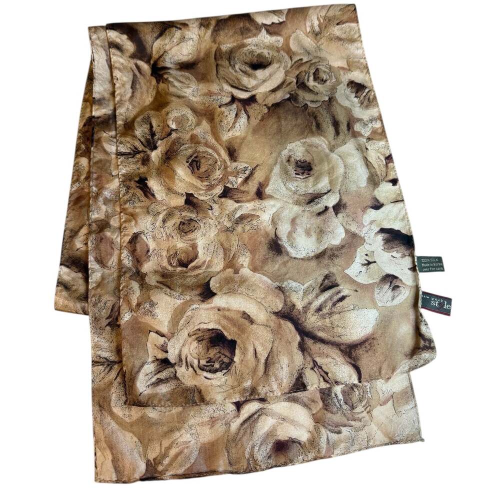 Silk Chiffon Scarf Rectangular Rose Print Brown